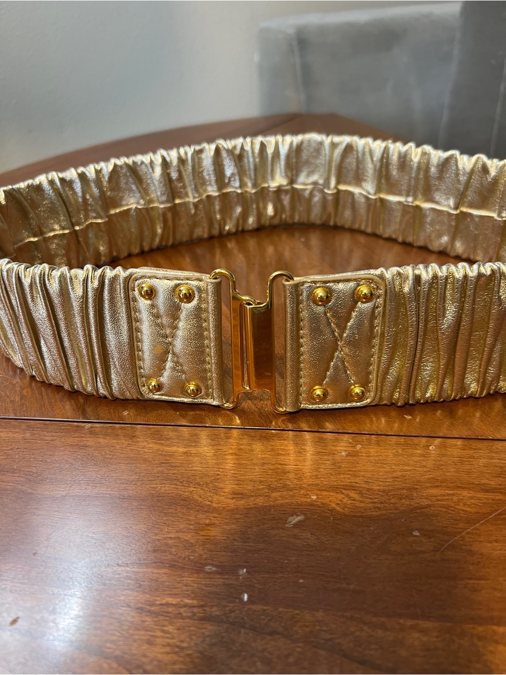 Miu Miu Metallic Gold Ruched Elastic Waist Belt with Gold-Tone Buckle